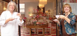 Amy and Babette toasting tea at Crown and Crumpet